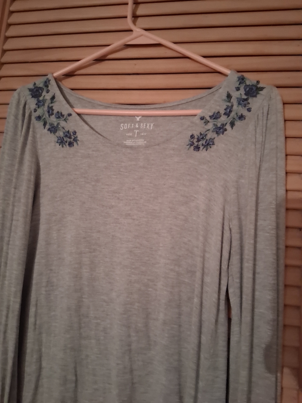 Soft & Sexy Light Gray Long-Sleeve Tee with Blue Floral Embroidery